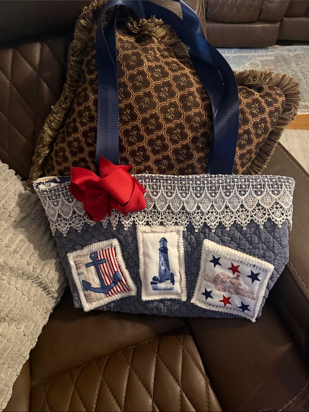 Navy Quilted Nautical Tote with Red Bow Accent